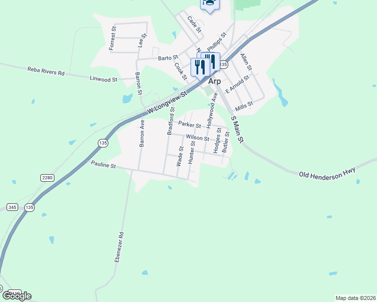 map of restaurants, bars, coffee shops, grocery stores, and more near 204 Hunter St in Arp