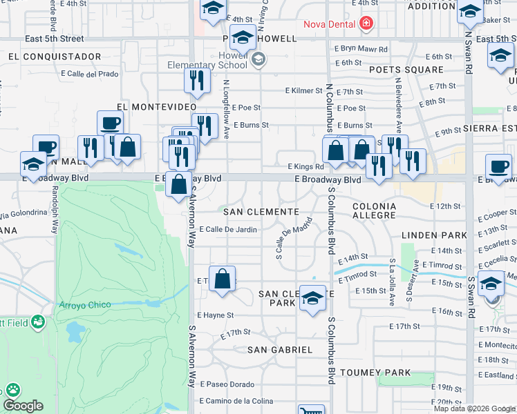 map of restaurants, bars, coffee shops, grocery stores, and more near 170 South Irving Avenue in Tucson