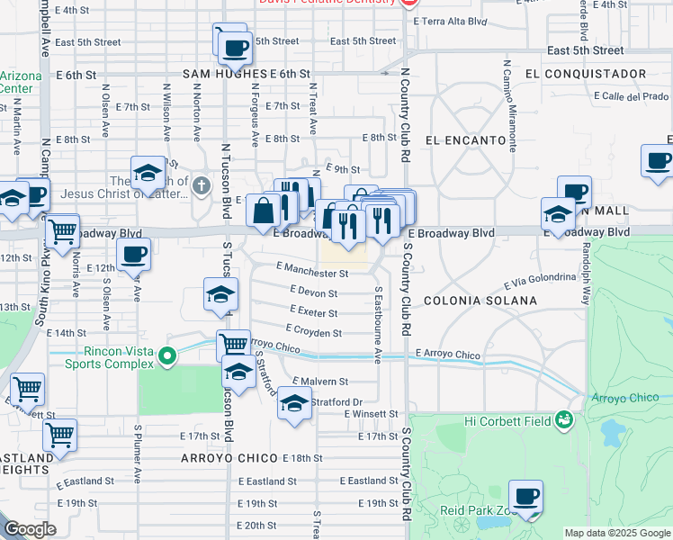 map of restaurants, bars, coffee shops, grocery stores, and more near in Tucson