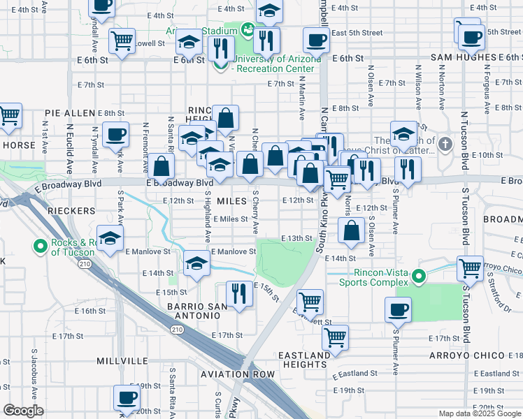 map of restaurants, bars, coffee shops, grocery stores, and more near 215 South Cherry Avenue in Tucson