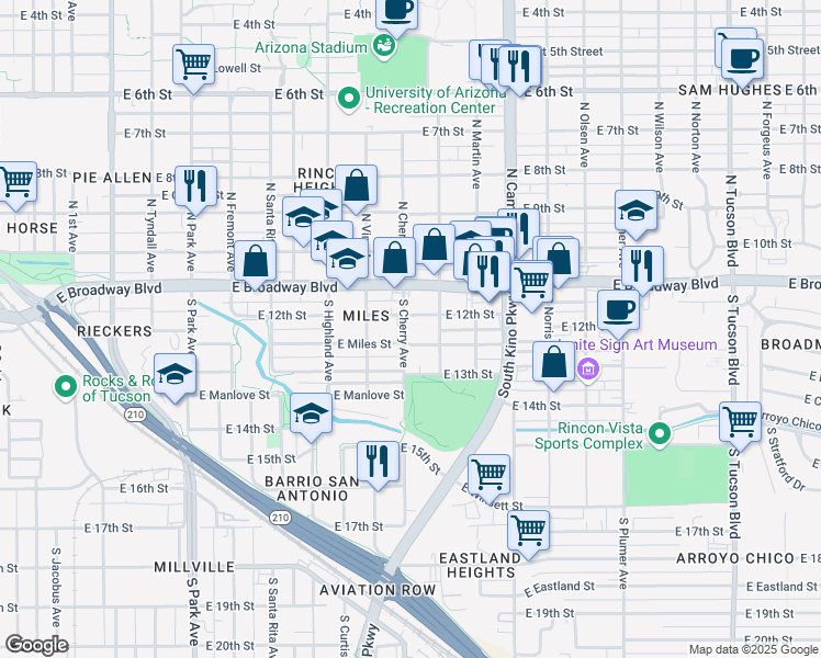 map of restaurants, bars, coffee shops, grocery stores, and more near 215 South Cherry Avenue in Tucson
