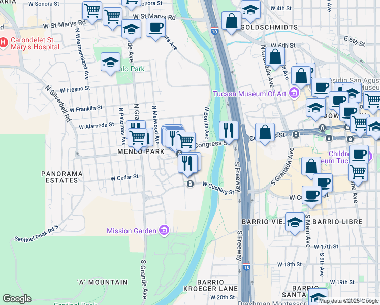 map of restaurants, bars, coffee shops, grocery stores, and more near 125 South Avenida del Convento in Tucson