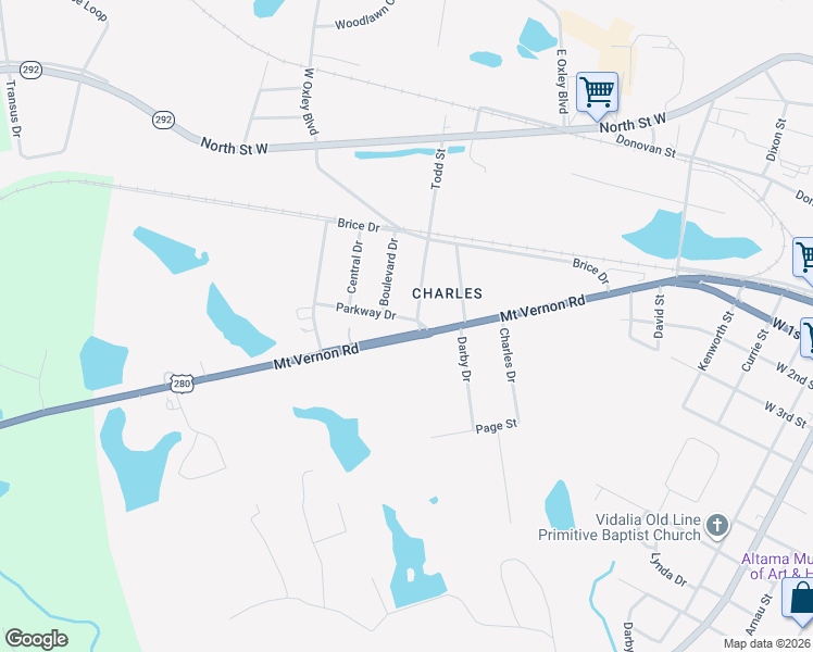 map of restaurants, bars, coffee shops, grocery stores, and more near 1302 Parkway Drive in Vidalia