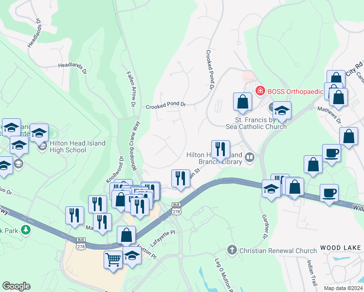 map of restaurants, bars, coffee shops, grocery stores, and more near 28 Edgewood Drive in Hilton Head Island