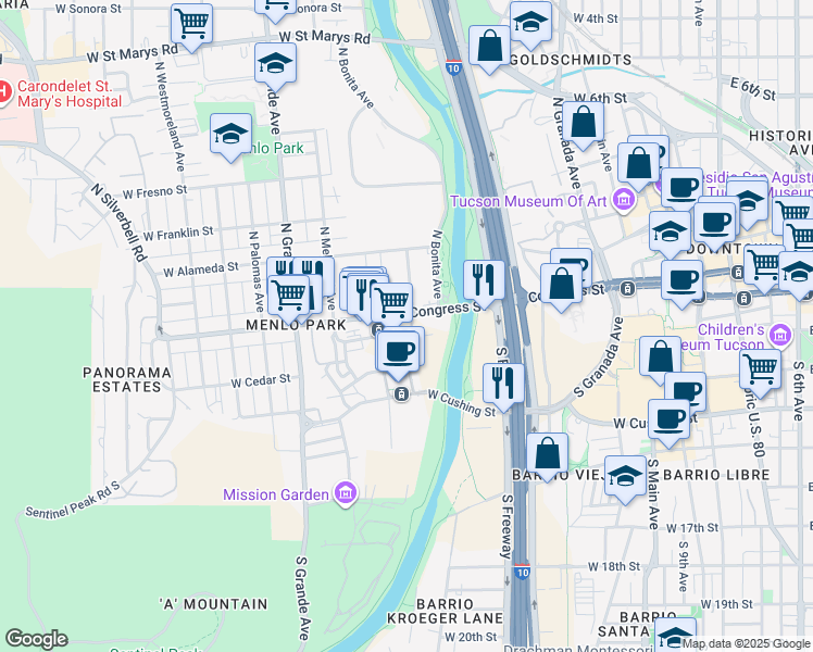 map of restaurants, bars, coffee shops, grocery stores, and more near in Tucson