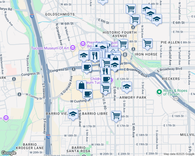 map of restaurants, bars, coffee shops, grocery stores, and more near 33 West Ochoa Street in Tucson