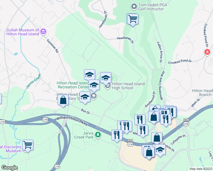 map of restaurants, bars, coffee shops, grocery stores, and more near 70 Wilborn Road in Hilton Head Island