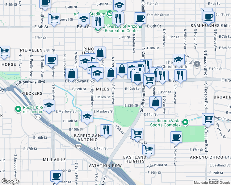 map of restaurants, bars, coffee shops, grocery stores, and more near 215 South Cherry Avenue in Tucson