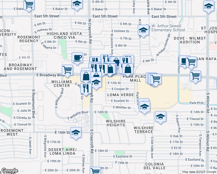 map of restaurants, bars, coffee shops, grocery stores, and more near 5611 East Cooper Street in Tucson