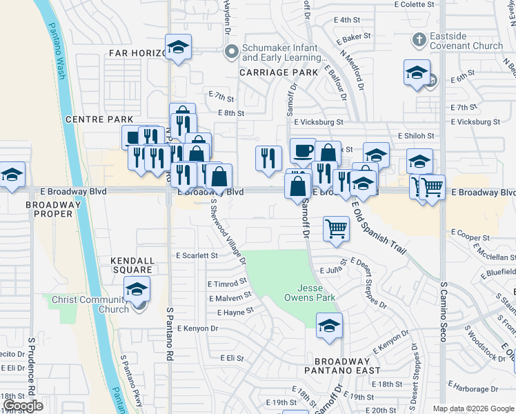 map of restaurants, bars, coffee shops, grocery stores, and more near 8160 East Broadway Boulevard in Tucson