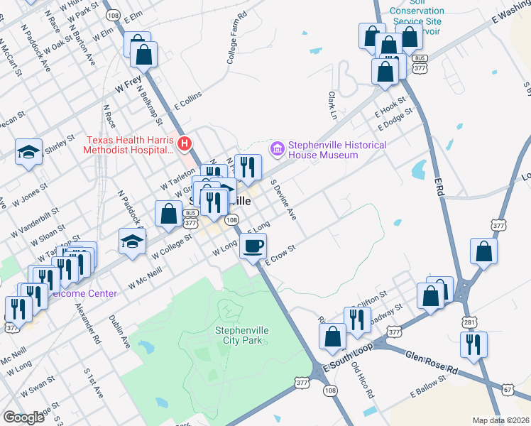map of restaurants, bars, coffee shops, grocery stores, and more near 375 East Long Street in Stephenville