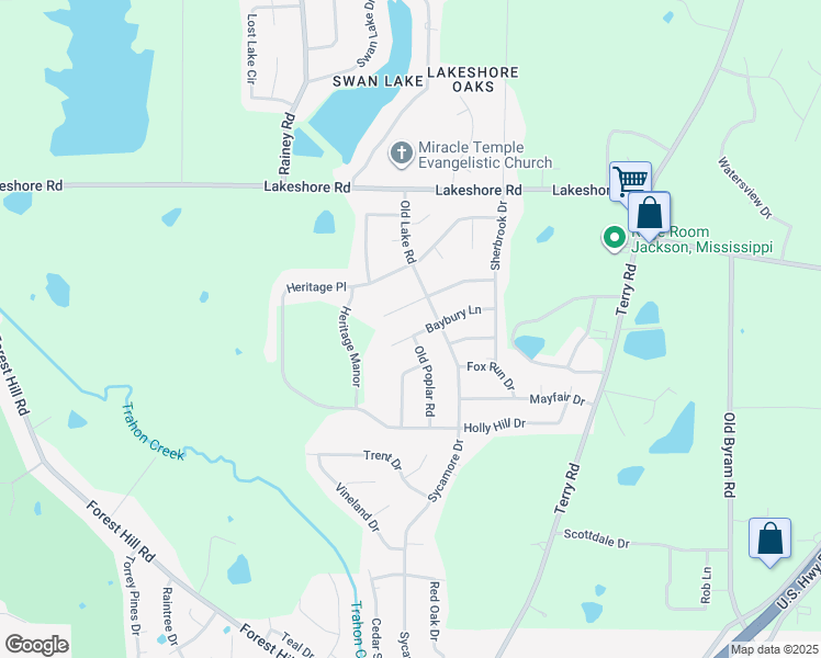 map of restaurants, bars, coffee shops, grocery stores, and more near 228 Baybury Lane in Jackson