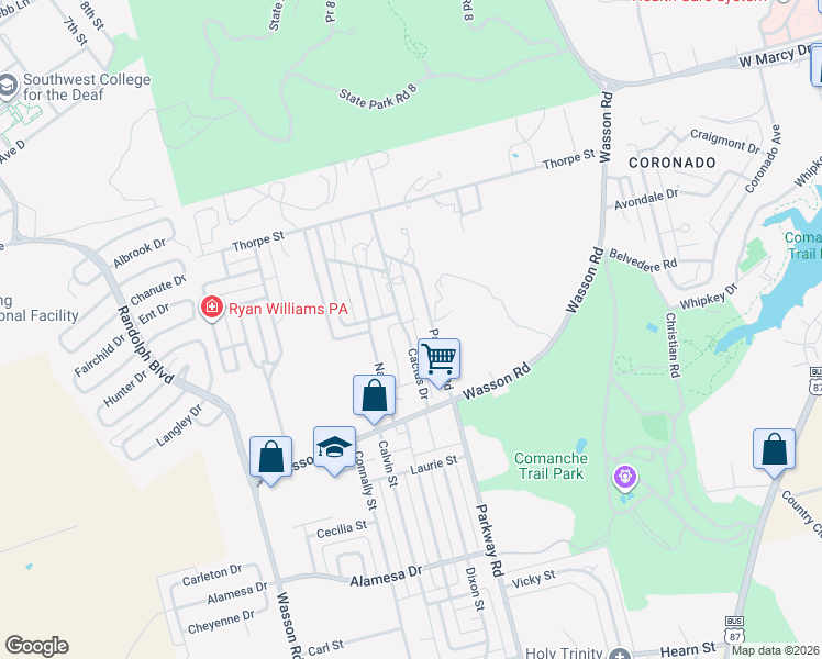 map of restaurants, bars, coffee shops, grocery stores, and more near 2800-3198 Parkway Road in Big Spring