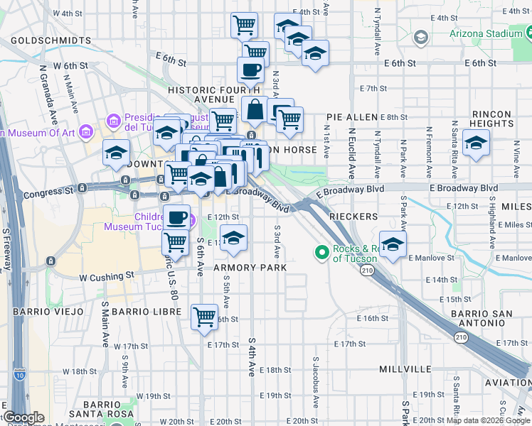 map of restaurants, bars, coffee shops, grocery stores, and more near 347 East 12th Street in Tucson