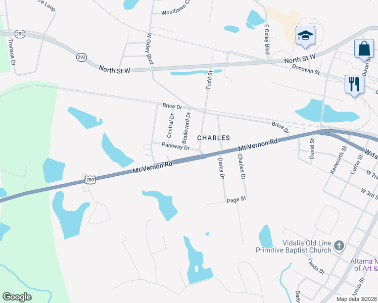 map of restaurants, bars, coffee shops, grocery stores, and more near 1302 Parkway Drive in Vidalia