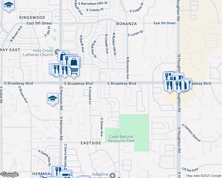 map of restaurants, bars, coffee shops, grocery stores, and more near 57 S Shadow Creek Pl in Tucson