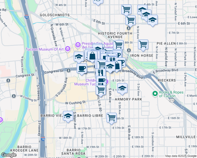 map of restaurants, bars, coffee shops, grocery stores, and more near 20 East Ochoa Street in Tucson