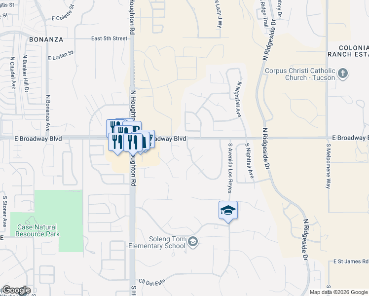 map of restaurants, bars, coffee shops, grocery stores, and more near 77 South Carlton Park Place in Tucson