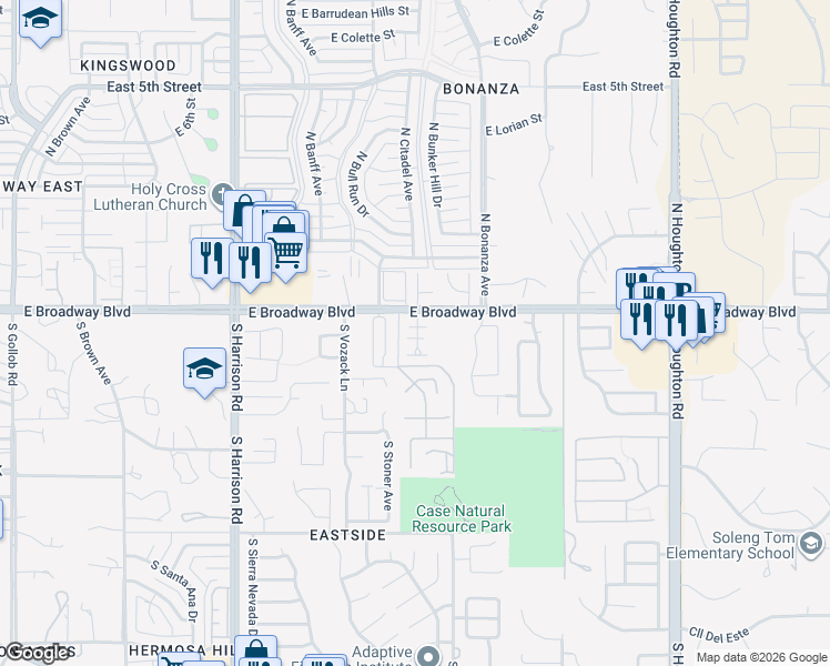 map of restaurants, bars, coffee shops, grocery stores, and more near 57 South Shadow Creek Place in Tucson