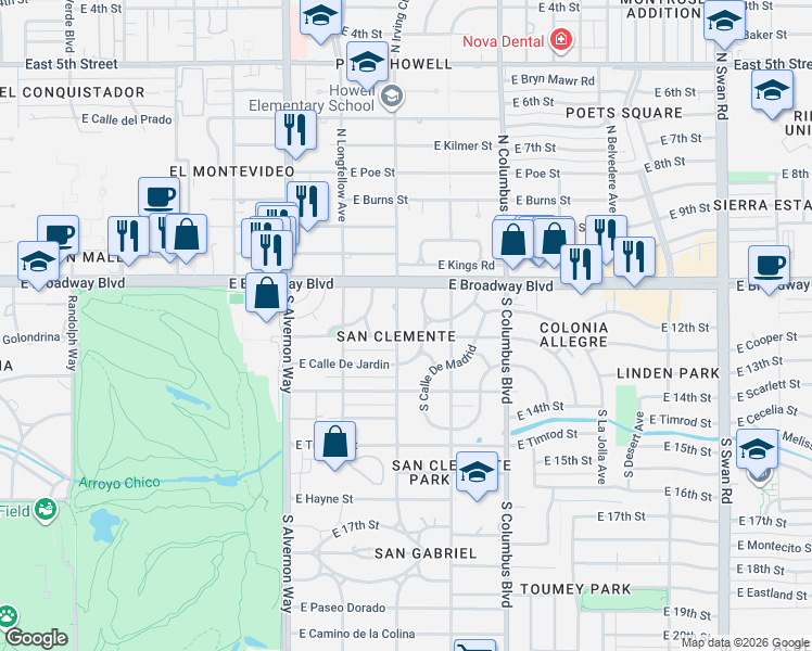 map of restaurants, bars, coffee shops, grocery stores, and more near 170 South Irving Avenue in Tucson