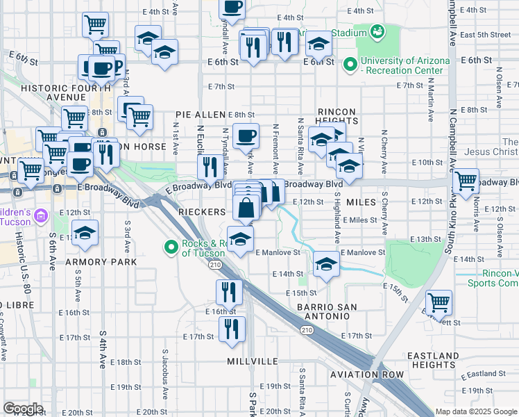 map of restaurants, bars, coffee shops, grocery stores, and more near 200 South Park Avenue in Tucson