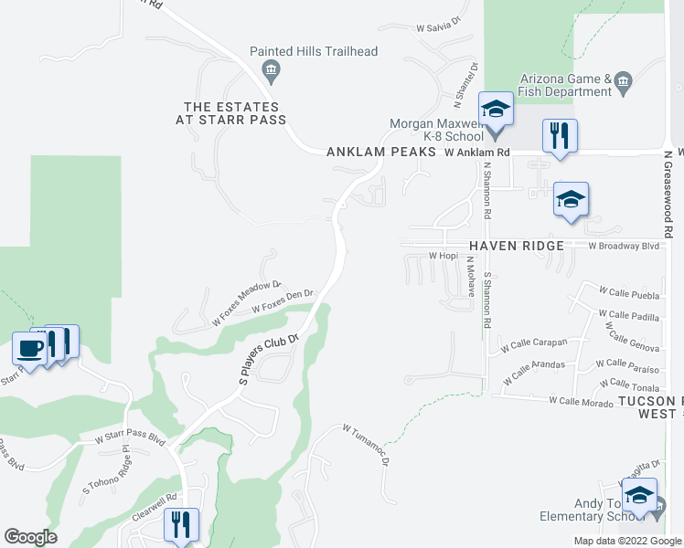 map of restaurants, bars, coffee shops, grocery stores, and more near 101 South Players Club Drive in Tucson