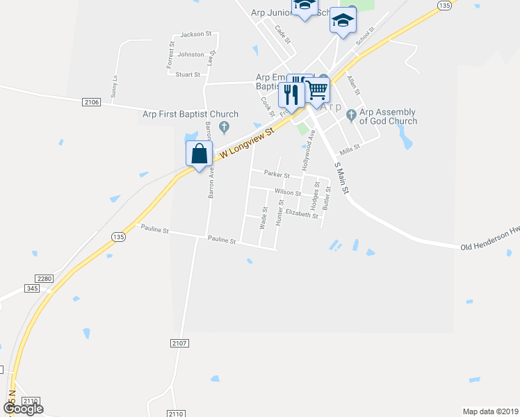 map of restaurants, bars, coffee shops, grocery stores, and more near 307 Bradford Street in Arp