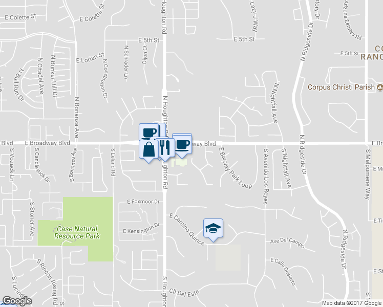 map of restaurants, bars, coffee shops, grocery stores, and more near 89 East Sycamore Creek in Tucson
