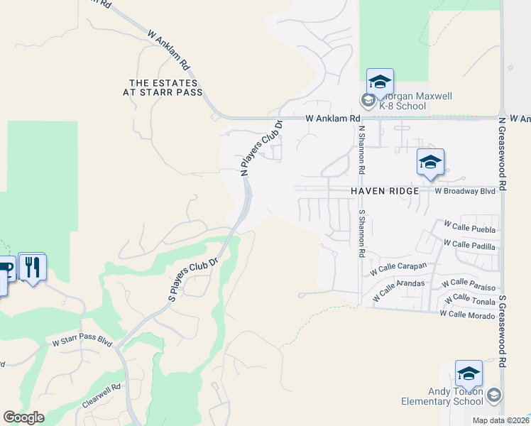 map of restaurants, bars, coffee shops, grocery stores, and more near 101 South Players Club Drive in Tucson