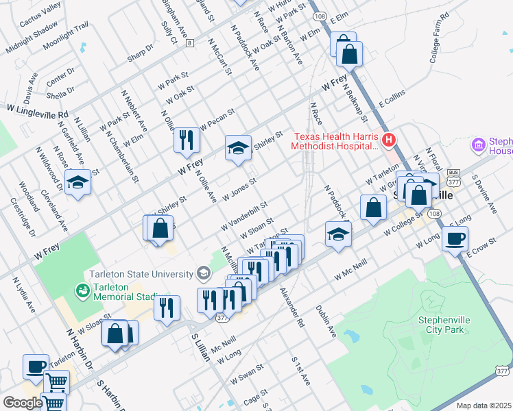 map of restaurants, bars, coffee shops, grocery stores, and more near 1009 West Vanderbilt Street in Stephenville