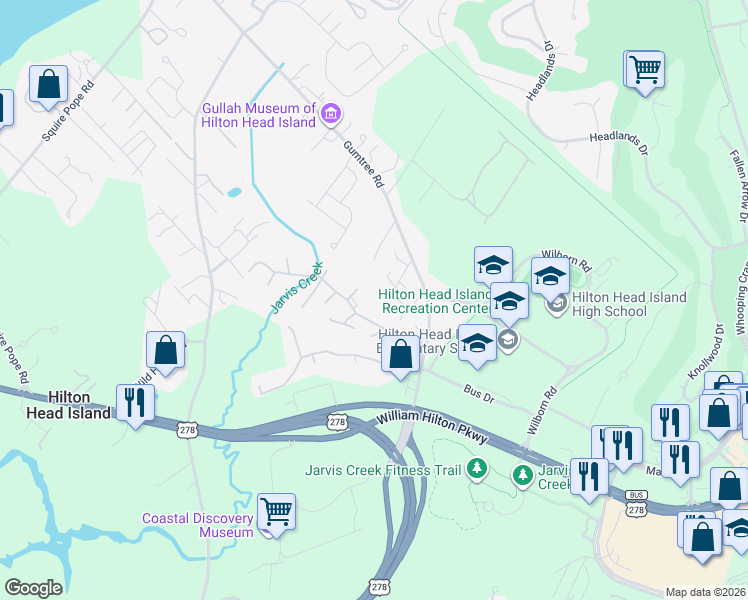 map of restaurants, bars, coffee shops, grocery stores, and more near 18 Ned Court in Hilton Head Island