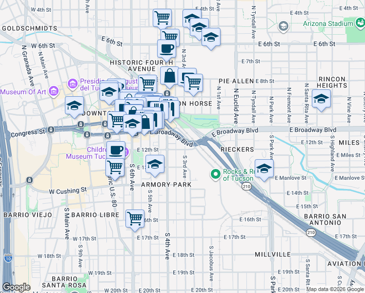 map of restaurants, bars, coffee shops, grocery stores, and more near 347 East 12th Street in Tucson