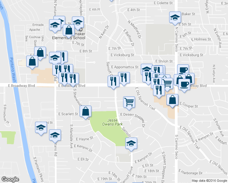 map of restaurants, bars, coffee shops, grocery stores, and more near 100 South Sarnoff Drive in Tucson