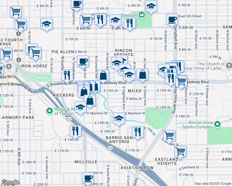 map of restaurants, bars, coffee shops, grocery stores, and more near 1302 E 12th St in Tucson