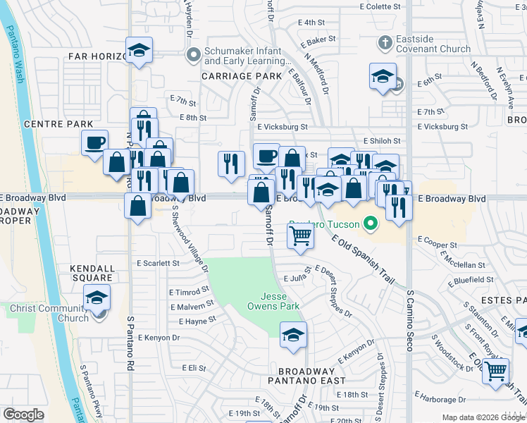 map of restaurants, bars, coffee shops, grocery stores, and more near 100 South Sarnoff Drive in Tucson