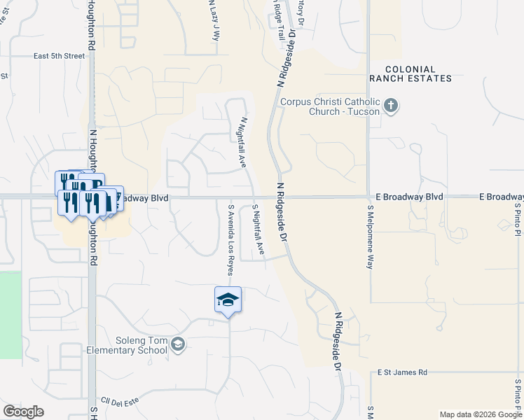 map of restaurants, bars, coffee shops, grocery stores, and more near 74 South Nightfall Avenue in Tucson