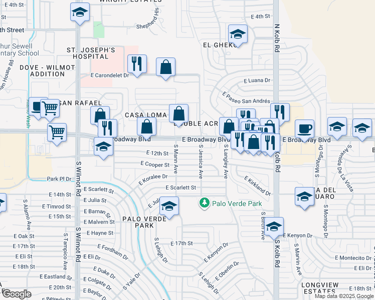 map of restaurants, bars, coffee shops, grocery stores, and more near 6721 East 12th Street in Tucson