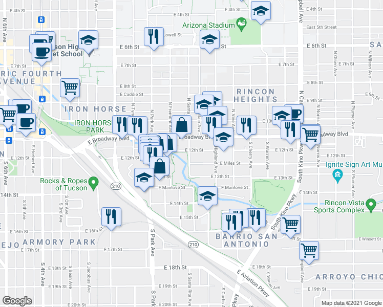 map of restaurants, bars, coffee shops, grocery stores, and more near 1202 East 12th Street in Tucson