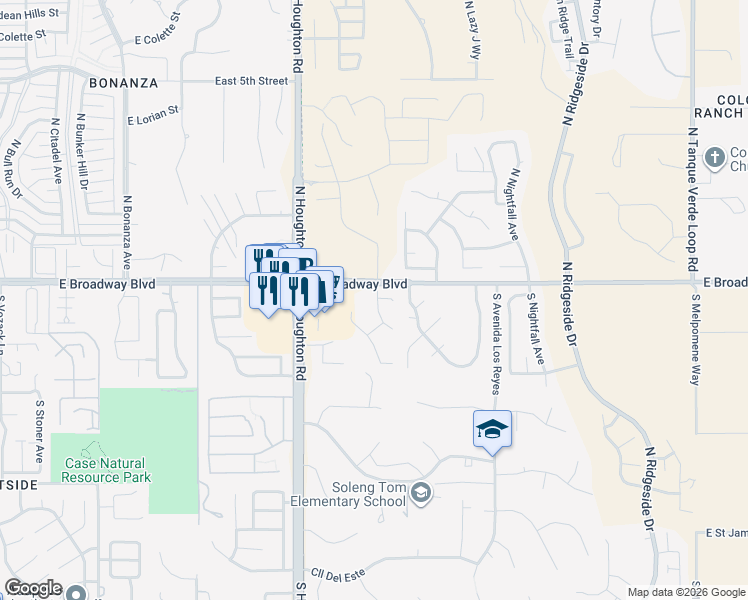 map of restaurants, bars, coffee shops, grocery stores, and more near 10478 East Saucito Canyon Place in Tucson