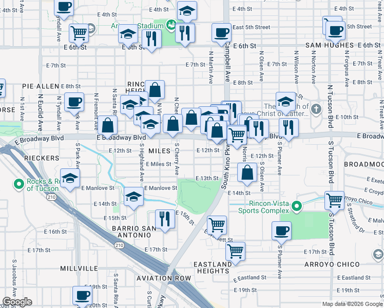 map of restaurants, bars, coffee shops, grocery stores, and more near 215 South Cherry Avenue in Tucson