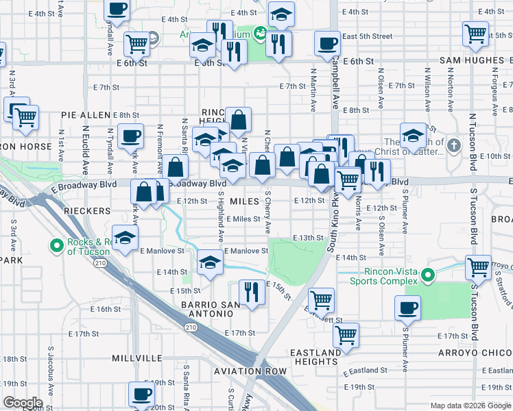map of restaurants, bars, coffee shops, grocery stores, and more near 1515 East Miles Street in Tucson