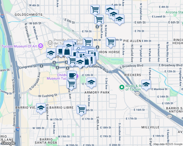 map of restaurants, bars, coffee shops, grocery stores, and more near 147 South 5th Avenue in Tucson