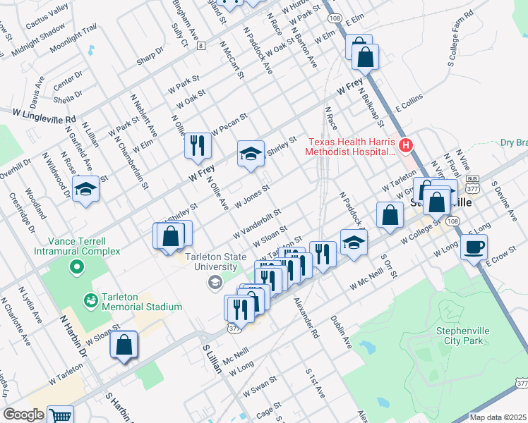 map of restaurants, bars, coffee shops, grocery stores, and more near 1009 West Vanderbilt Street in Stephenville