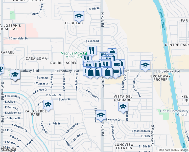 map of restaurants, bars, coffee shops, grocery stores, and more near 120 South Kolb Road in Tucson