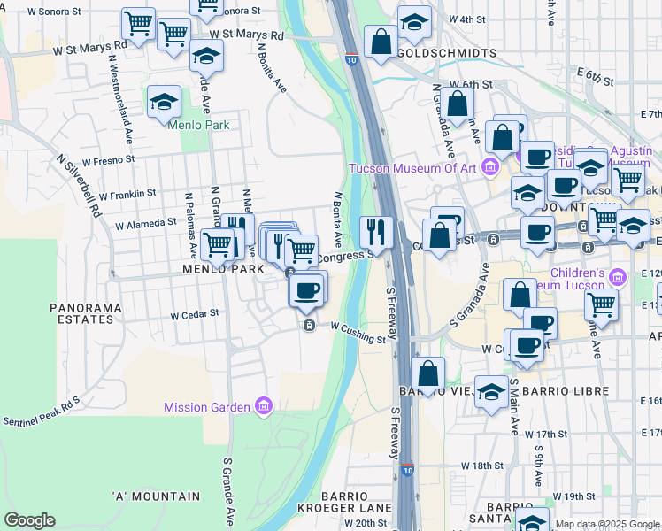 map of restaurants, bars, coffee shops, grocery stores, and more near 795 West Congress Street in Tucson