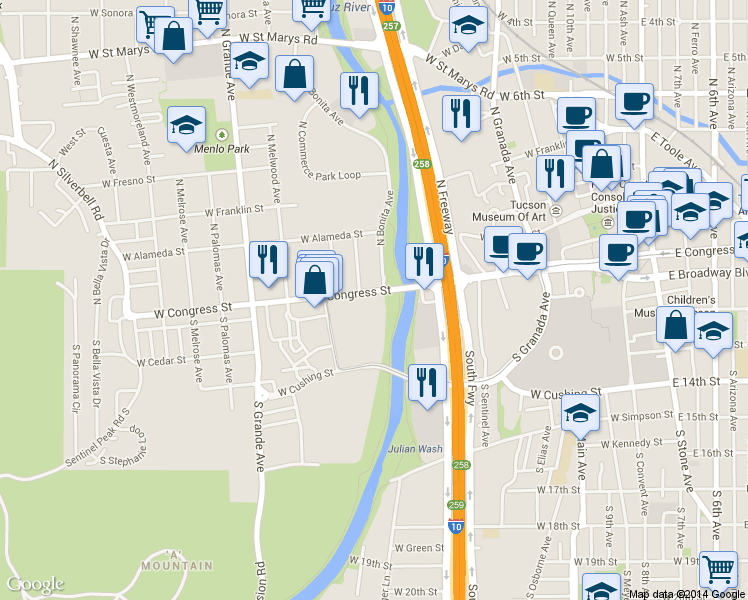 map of restaurants, bars, coffee shops, grocery stores, and more near 795 West Congress Street in Tucson