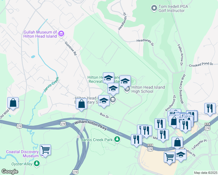 map of restaurants, bars, coffee shops, grocery stores, and more near 55 Wilborn Road in Hilton Head Island