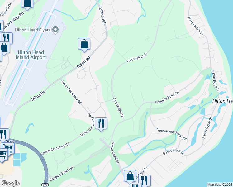 map of restaurants, bars, coffee shops, grocery stores, and more near 16 Suttlers Row in Hilton Head Island