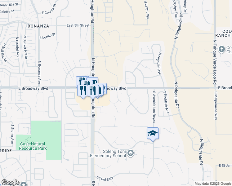 map of restaurants, bars, coffee shops, grocery stores, and more near 10478 East Saucito Canyon Place in Tucson