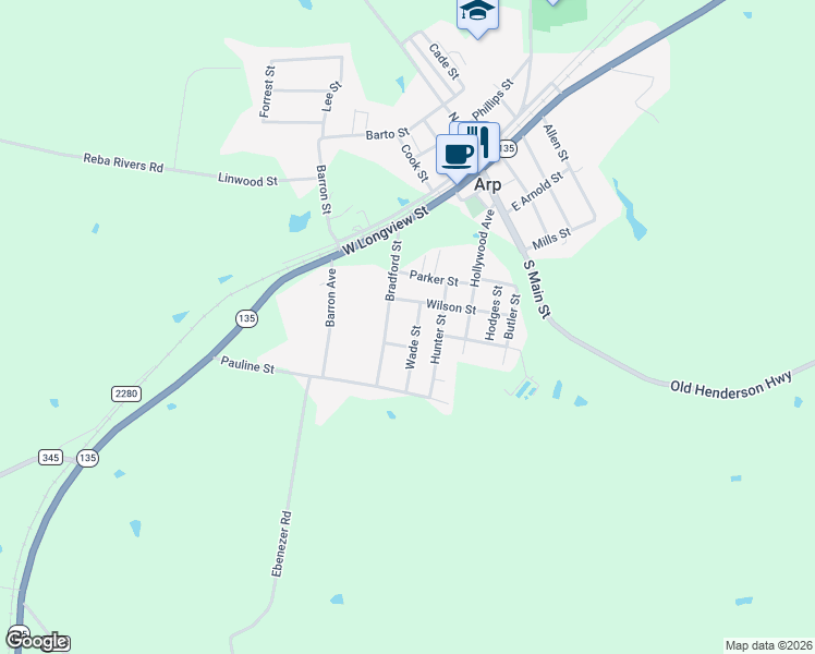 map of restaurants, bars, coffee shops, grocery stores, and more near 307 Bradford Street in Arp